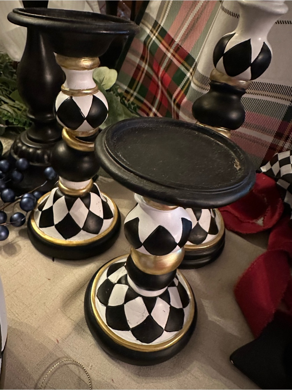 Ashland Decorative Black and White Harlequin Candle Holders with Gold Accents
